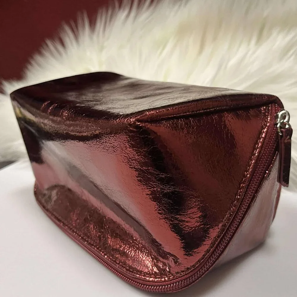 Maroon Shiny Make up bag 2 compartments zippered - Picture 1 of 4